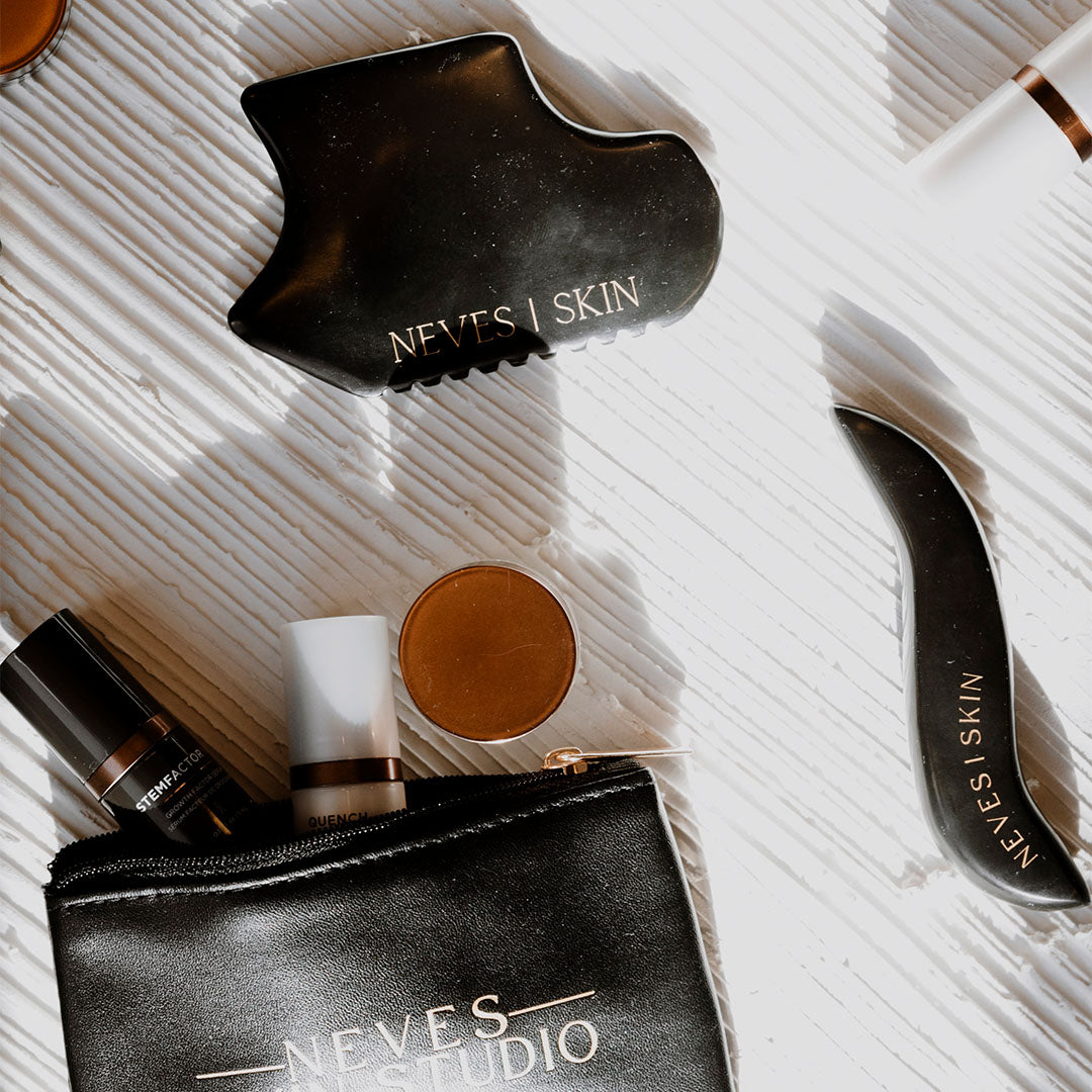 Neves Gua Sha Stone and zipper pouch with complimentary products