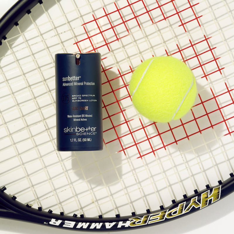 sunbetter TONE SMART SPF 75 Sunscreen Lotion on tennis racket
